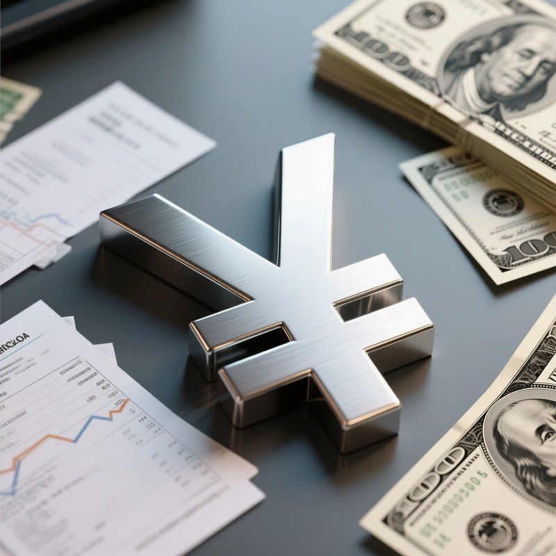 A Photorealistic Yen Symbol Made Of Brushed Steel Resting Beside Currency Exchange Printouts.