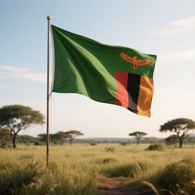 A Photorealistic Zambian Flag Fluttering Above Grasslands With Distant Trees.
