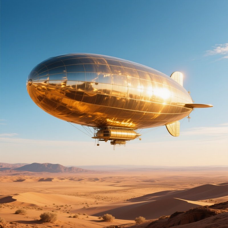 A Photorealistic Zeppelin Flying Low Over The Desert
