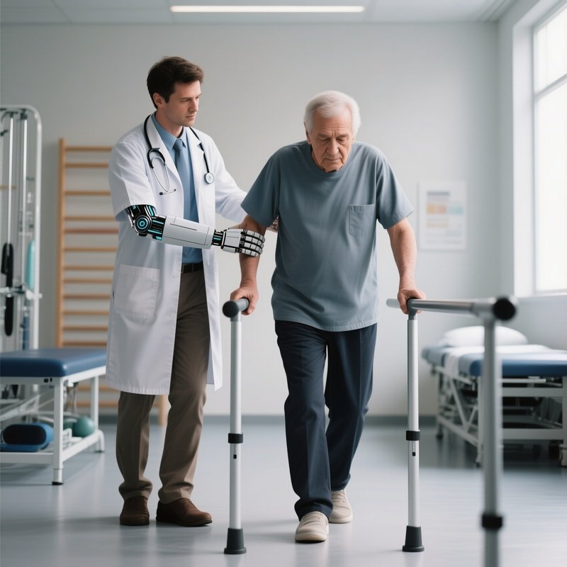 A Physiotherapist Helping A Patient Walk With Support Bars