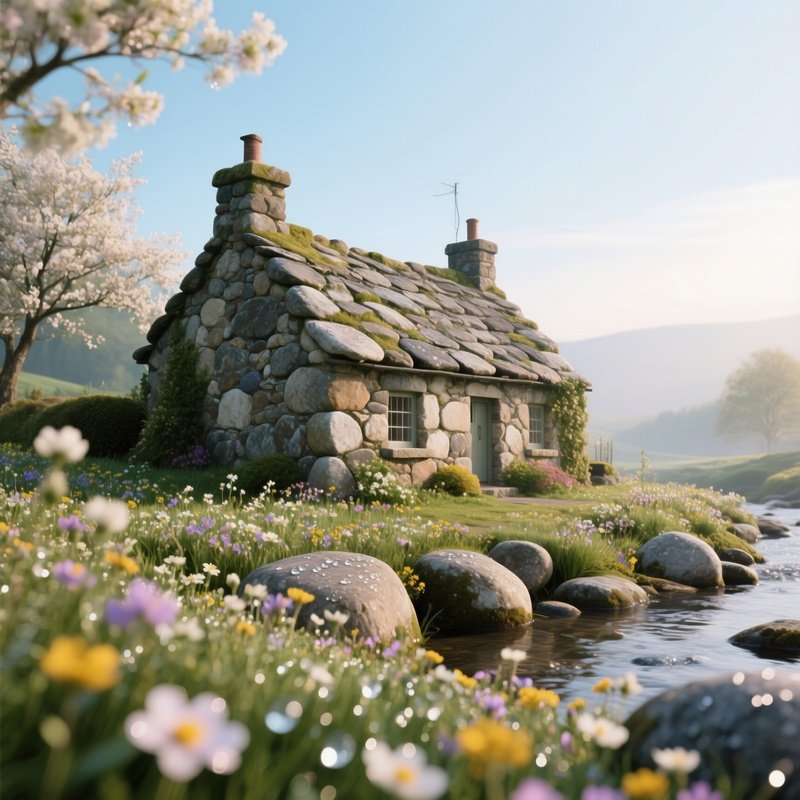 A Picturesque Stone Cottage Built From Smooth River Stones Sits On A Patchwork Of Wildflowers In