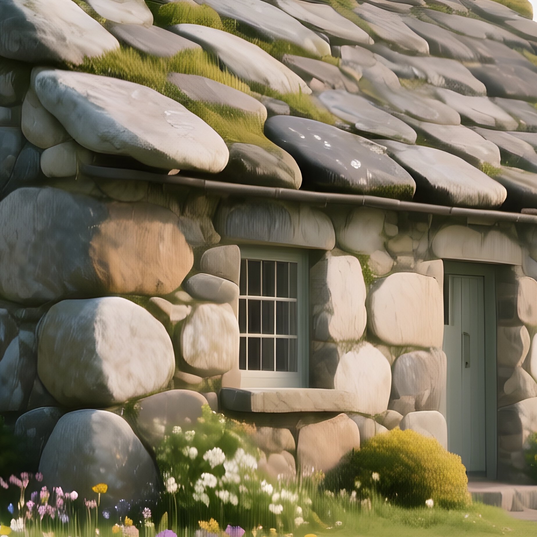 A Picturesque Stone Cottage Built From Smooth River Stones Sits On A Patchwork Of Wildflowers In - Full Resolution Quality Preview