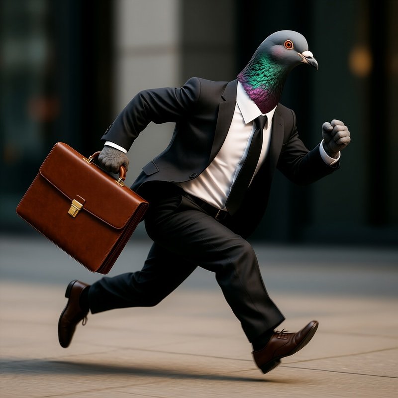 A Pigeon With A Briefcase Rushing To Work