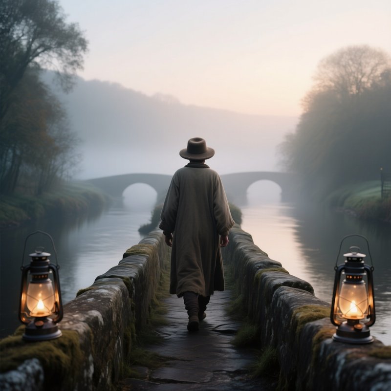 A Pilgrim Wearing A Simple Wool Hat Walks Along A Narrow Stone Bridge Over A Misty River At Dawn,
