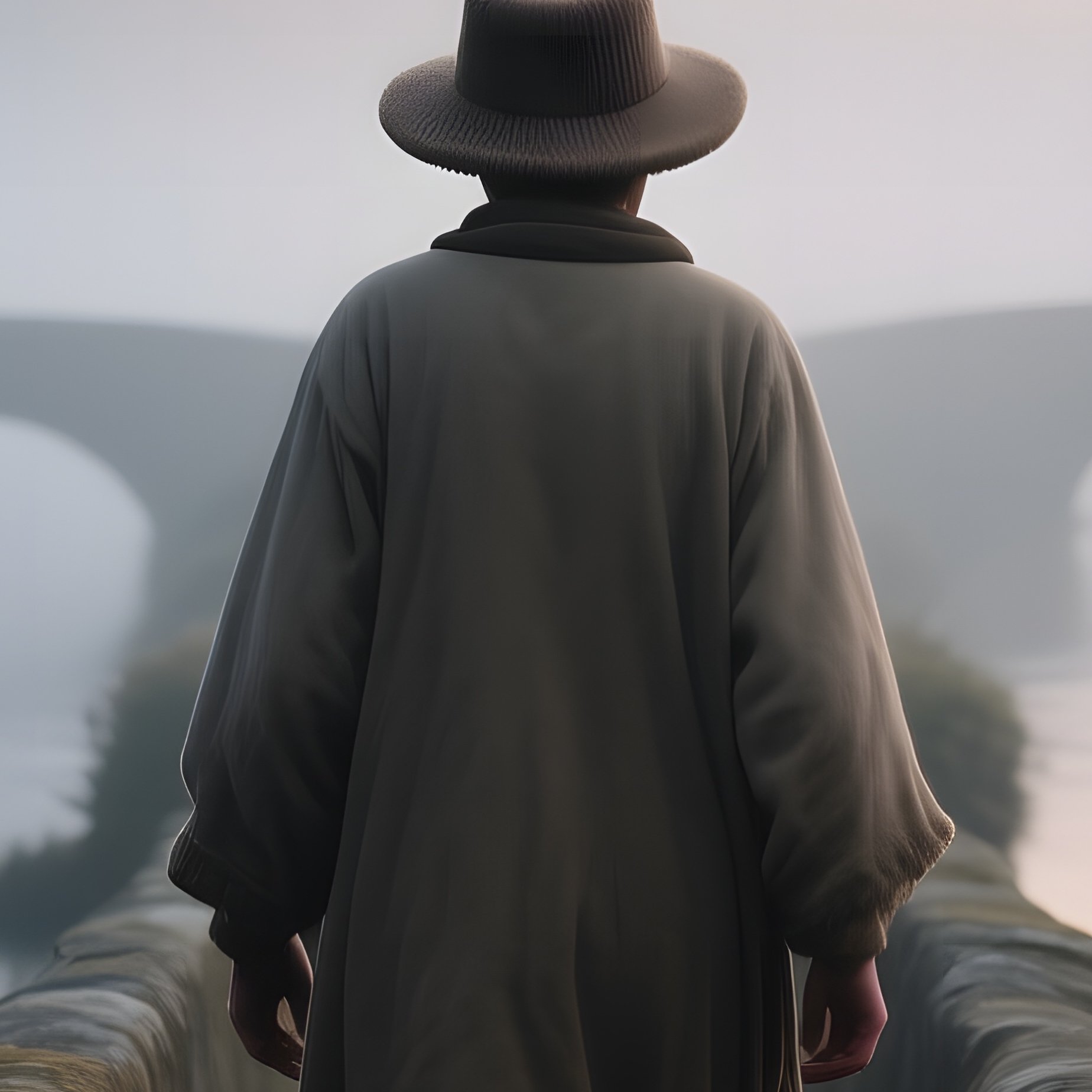 A Pilgrim Wearing A Simple Wool Hat Walks Along A Narrow Stone Bridge Over A Misty River At Dawn, - Full Resolution Quality Preview