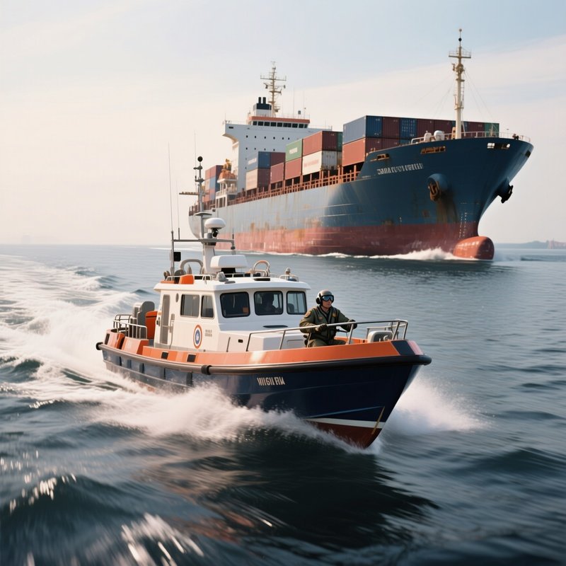 A Pilot Boat Speeding Toward An Incoming Cargo Ship