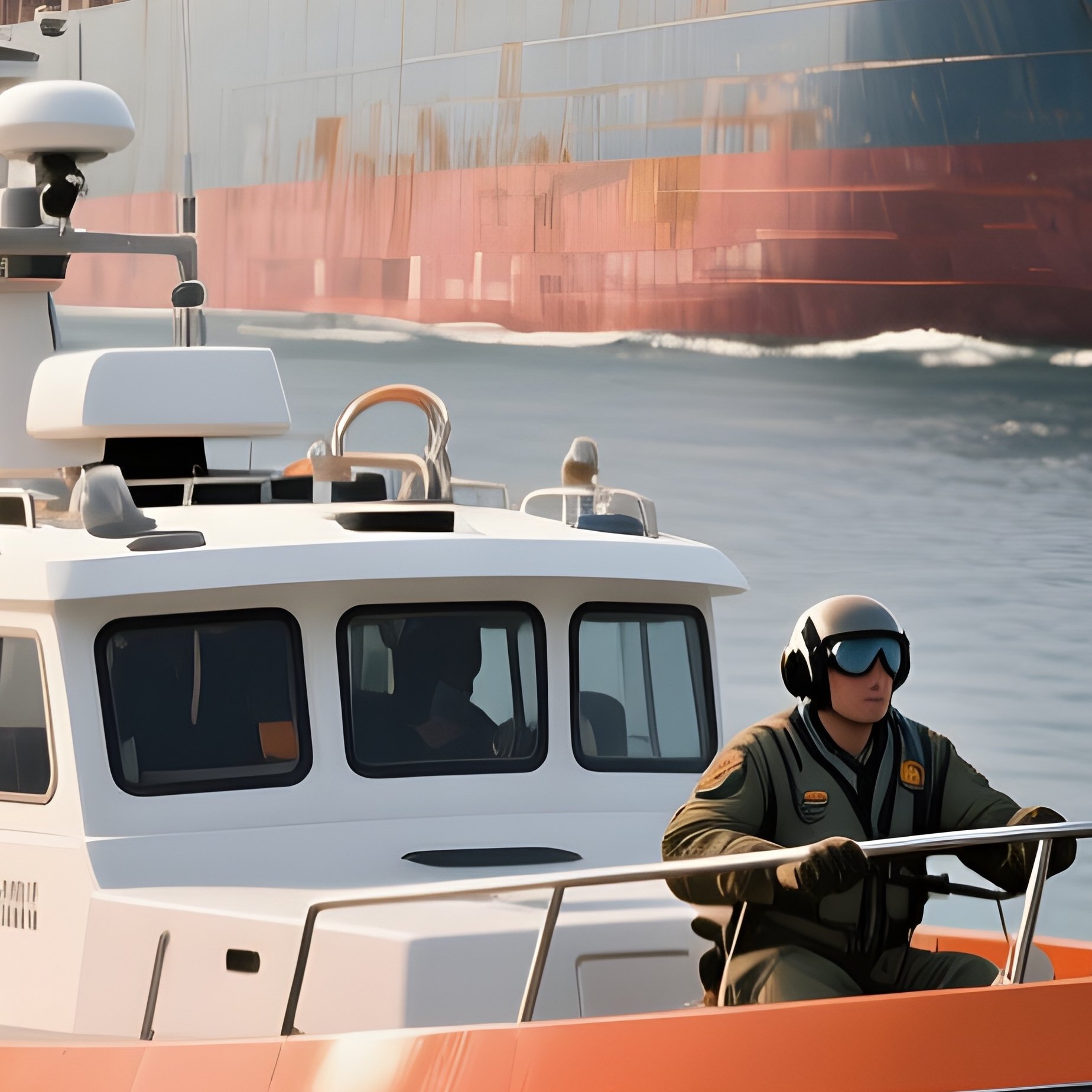 A Pilot Boat Speeding Toward An Incoming Cargo Ship - Full Resolution Quality Preview