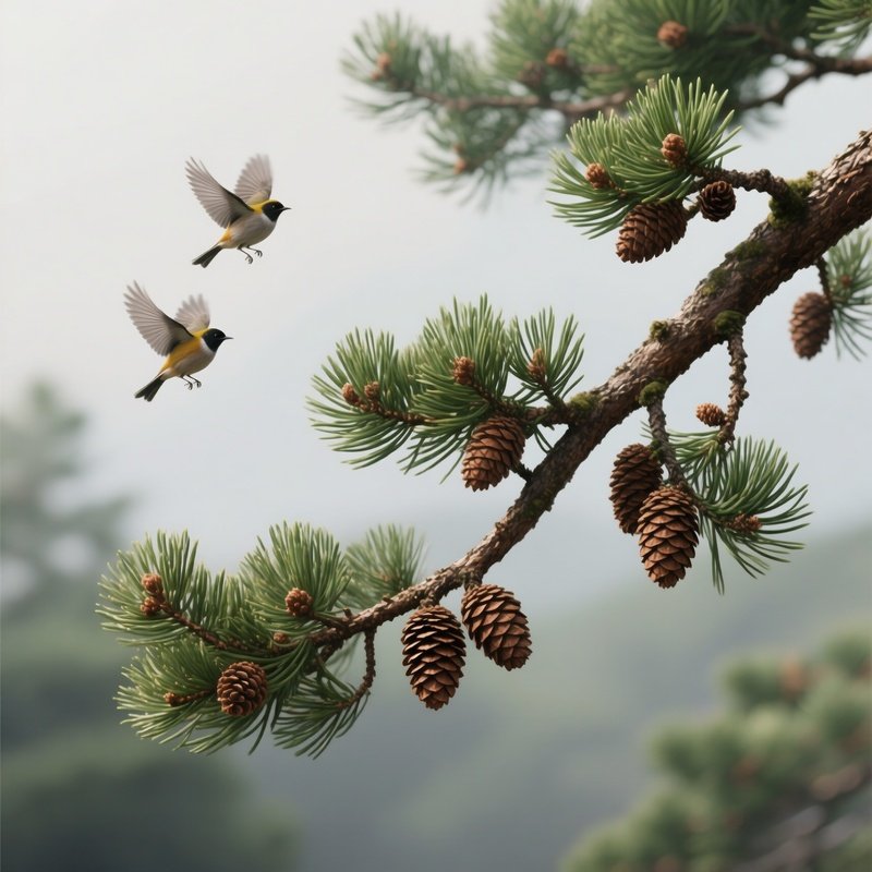 A Pine Tree Branch With Flying Birds Nature Pine Tree