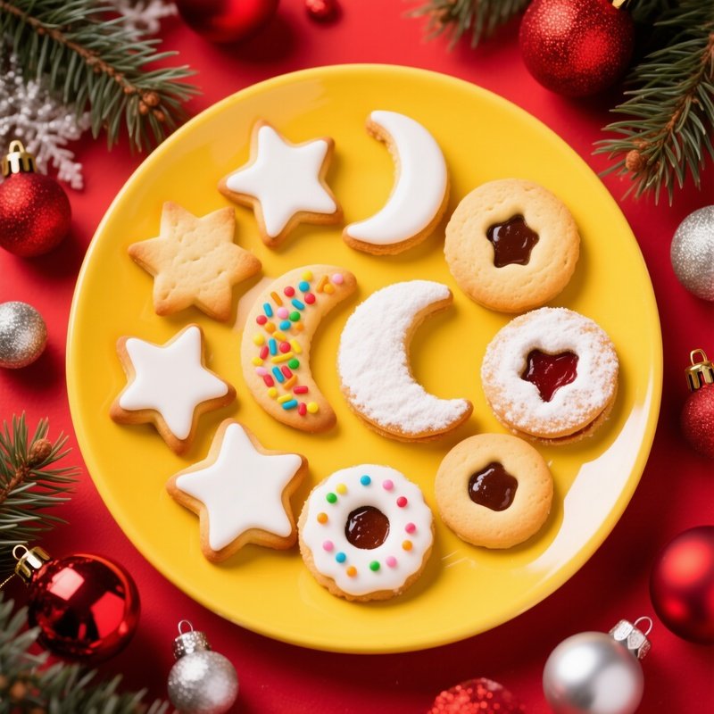 A Plate Of Assorted Cookies And Festive Decorations Cookies