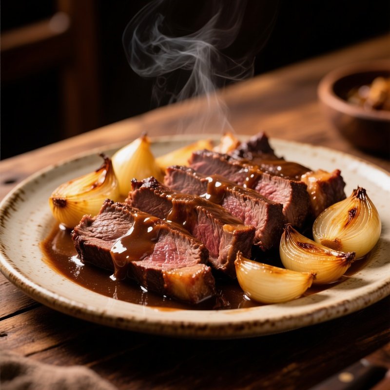 A Plate Of Beef Assado Roast Slices With Dark Rich Gravy And Caramelized Onions