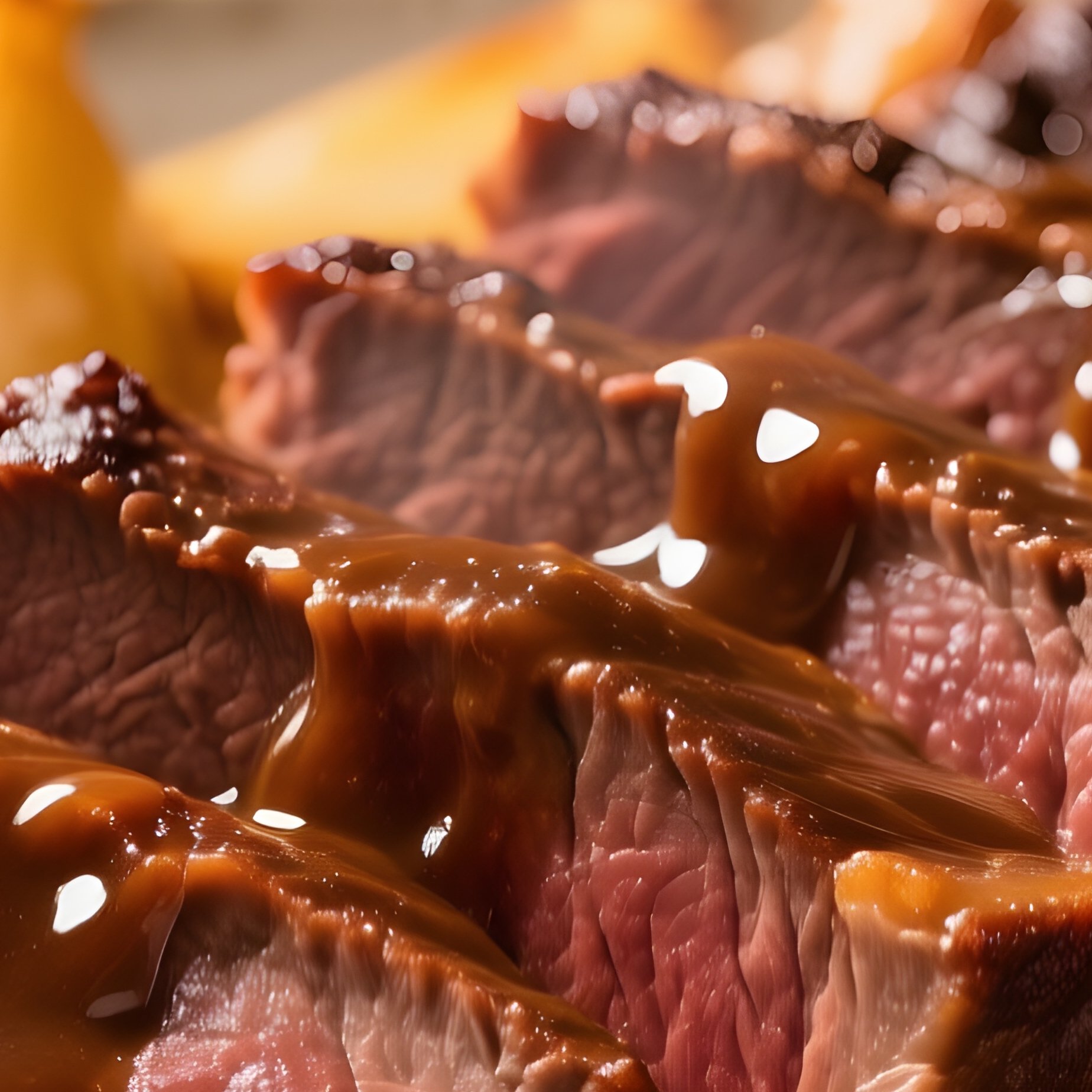 A Plate Of Beef Assado Roast Slices With Dark Rich Gravy And Caramelized Onions - Full Resolution Quality Preview