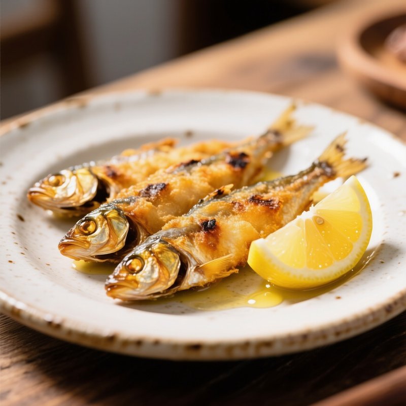 A Plate Of Crispy Fried Sardines Served With Lemon