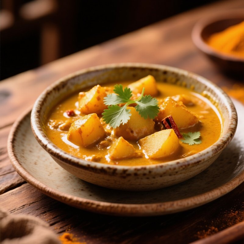 A Plate Of Qorma E Kachaloo Potato Curry With Turmeric Sauce