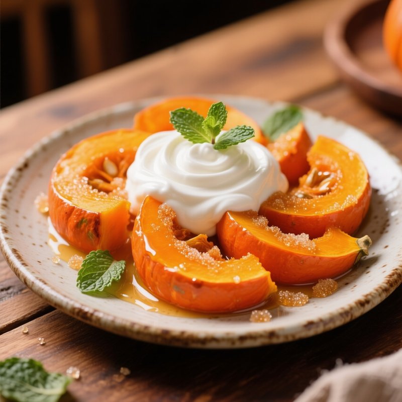 A Plate Of Sweet Pumpkin Kadoo Cooked With Sugar And Topped With Yogurt
