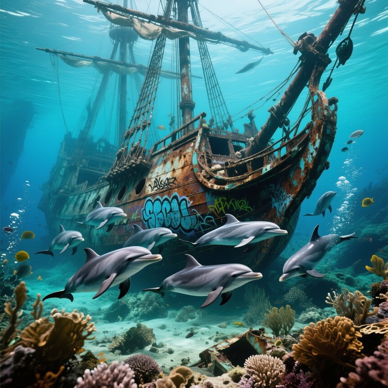 A Playful Dolphin Pod Circling A Sunken Pirate Ship Underwater