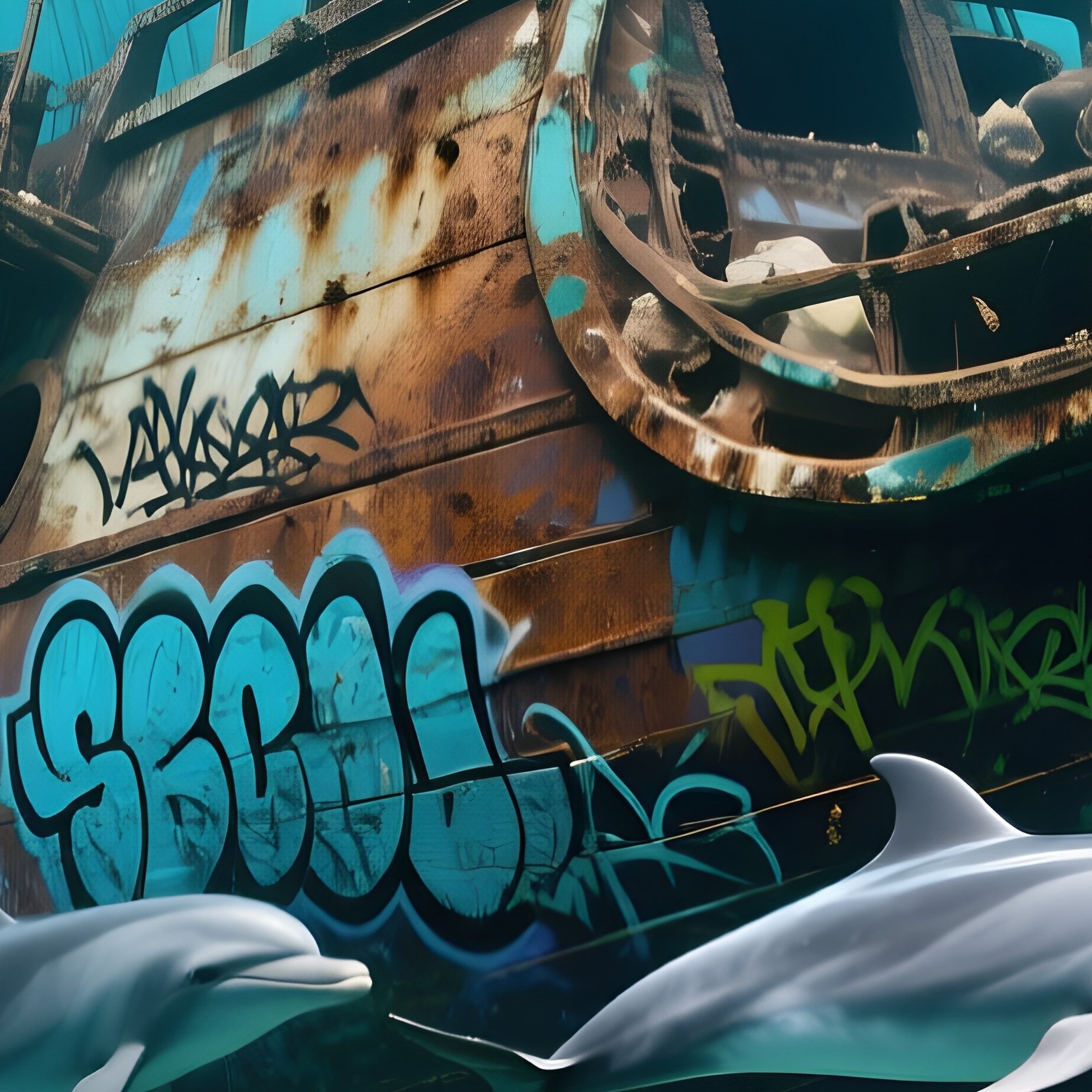 A Playful Dolphin Pod Circling A Sunken Pirate Ship Underwater - Full Resolution Quality Preview