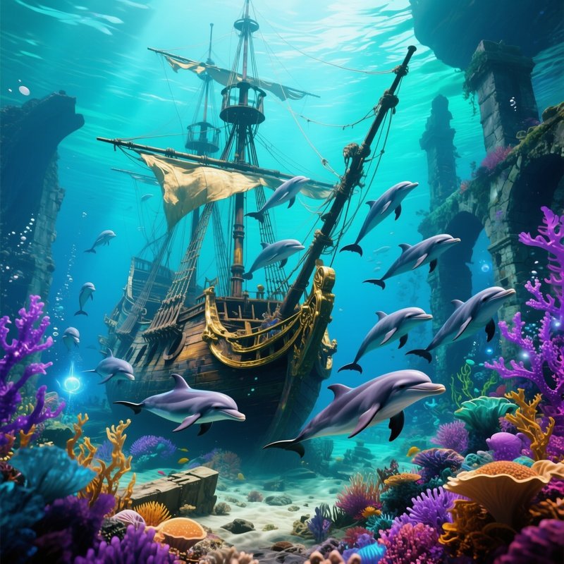 A Playful Dolphin Pod Circling A Sunken Pirate Ship Fictional