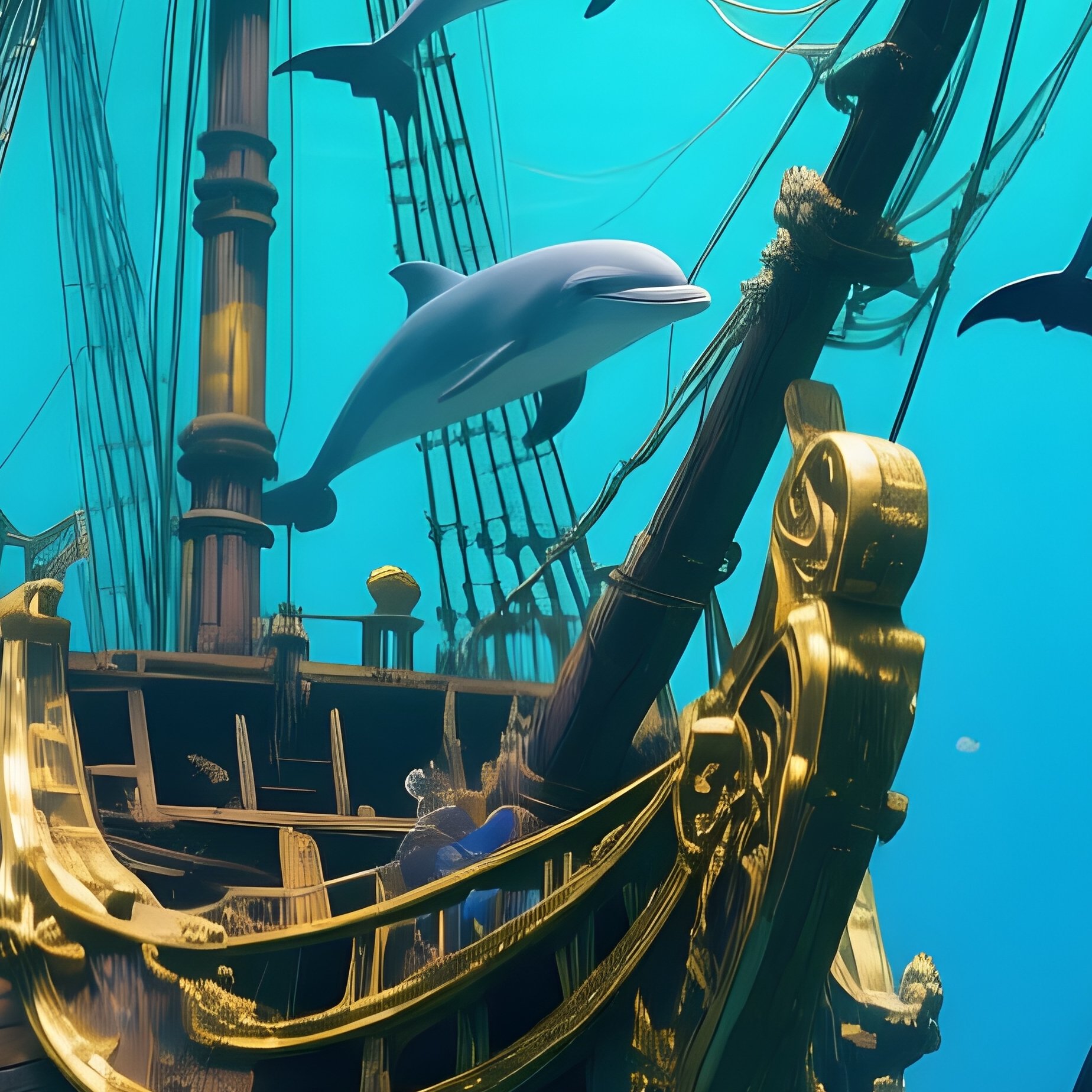 A Playful Dolphin Pod Circling A Sunken Pirate Ship Fictional - Full Resolution Quality Preview