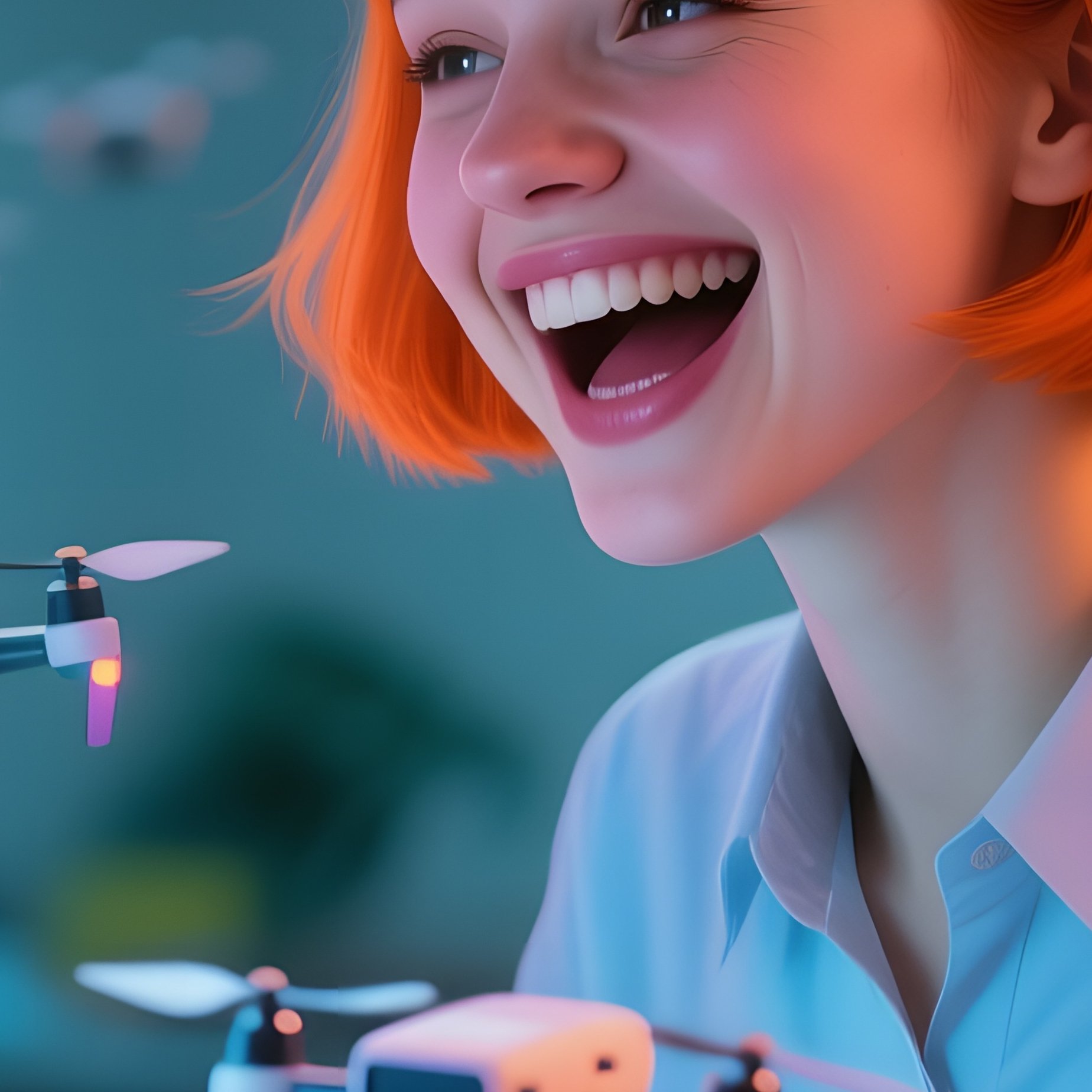A Playful Office Intern With Short Bright Orange Hair Giggles While A Swarm Of Tiny Drone‑Like - Full Resolution Quality Preview