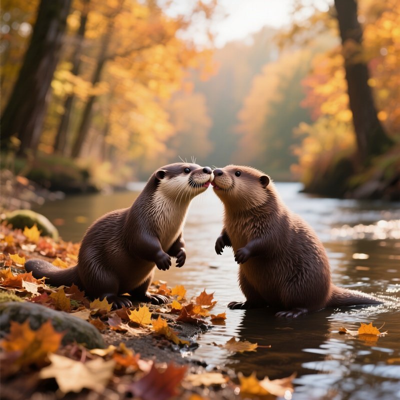 A Playful Otter And A Curious Beaver Exchange A Quick Kiss On A Riverbank Lined With Fallen Autumn
