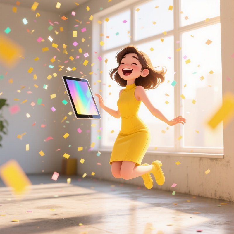 A Playful Pop Up Girl In A Fitted Yellow Dress Giggles As Holographic Confetti Rains From A