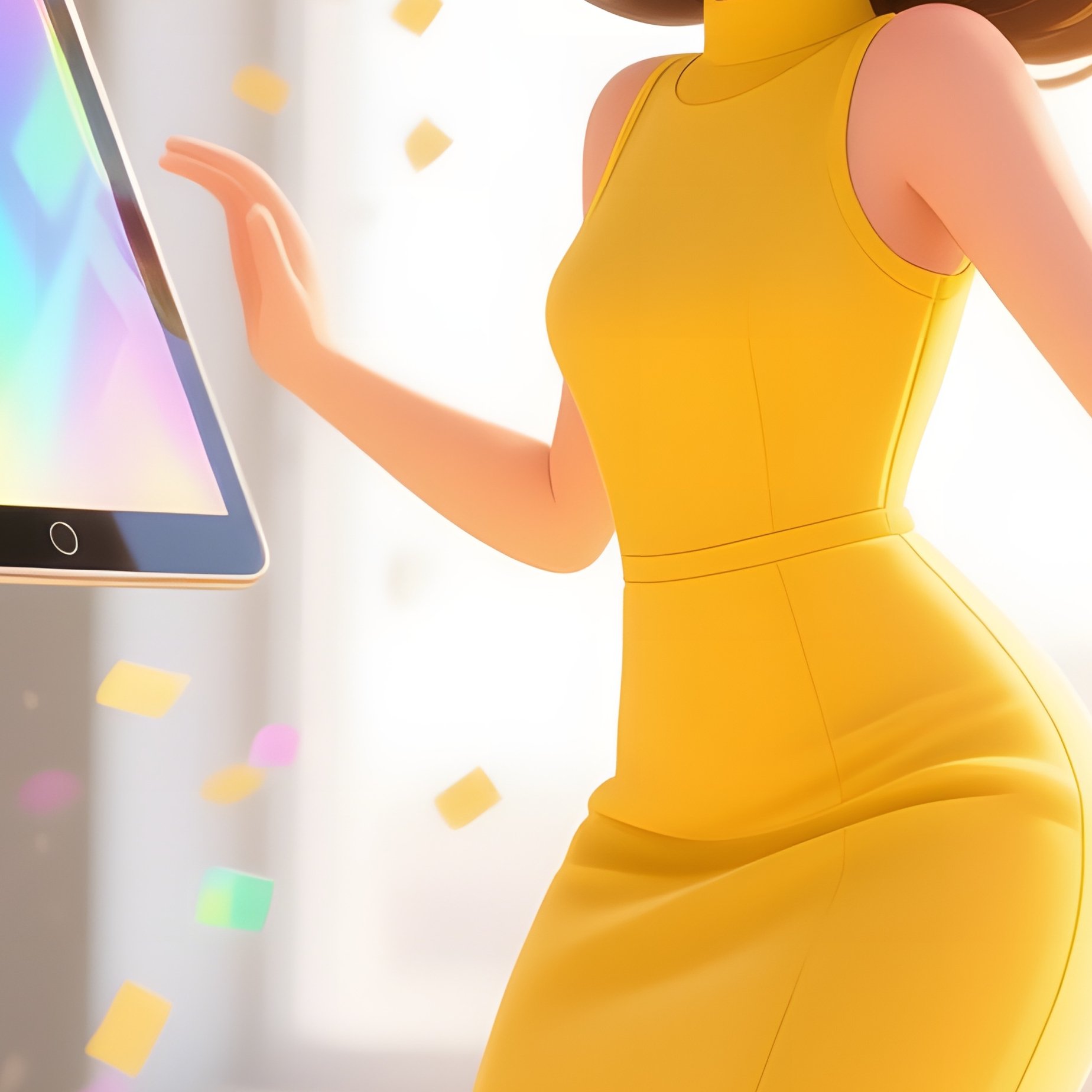 A Playful Pop Up Girl In A Fitted Yellow Dress Giggles As Holographic Confetti Rains From A - Full Resolution Quality Preview