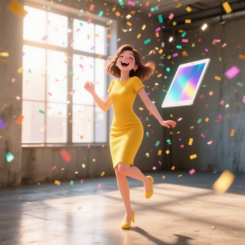A Playful Pop‑Up Girl In A Fitted Yellow Dress Giggles As Holographic Confetti Rains Down From A