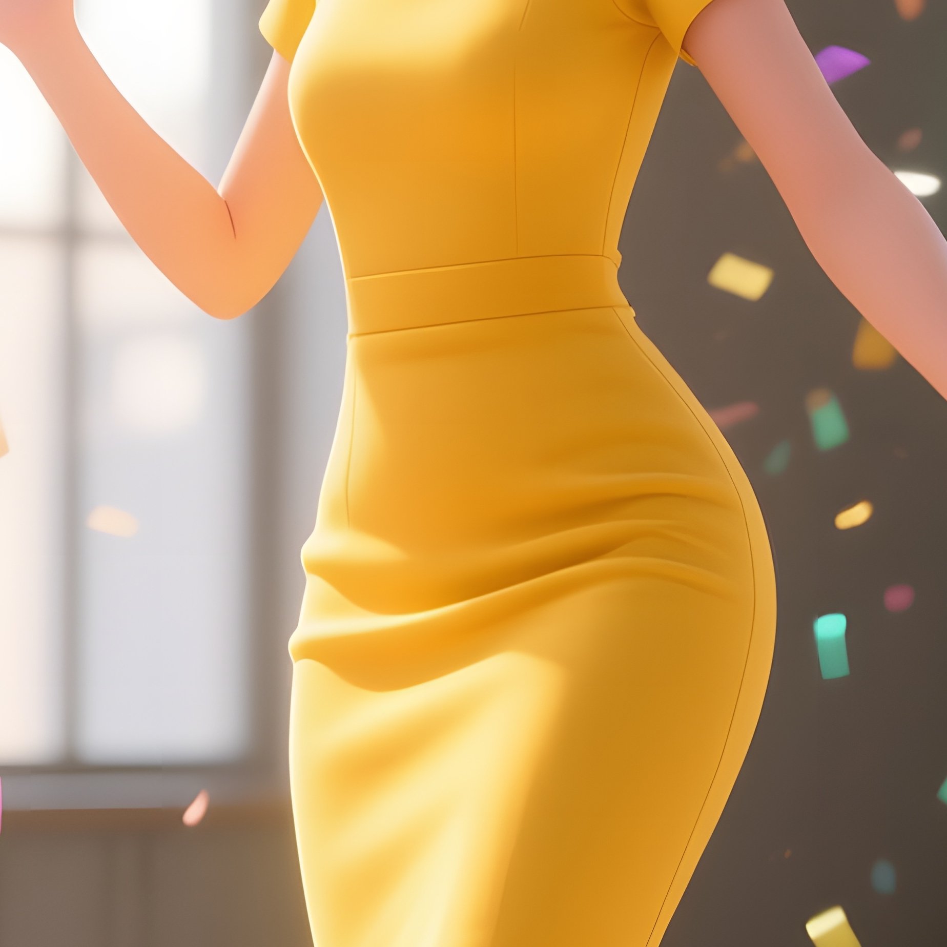 A Playful Pop‑Up Girl In A Fitted Yellow Dress Giggles As Holographic Confetti Rains Down From A - Full Resolution Quality Preview
