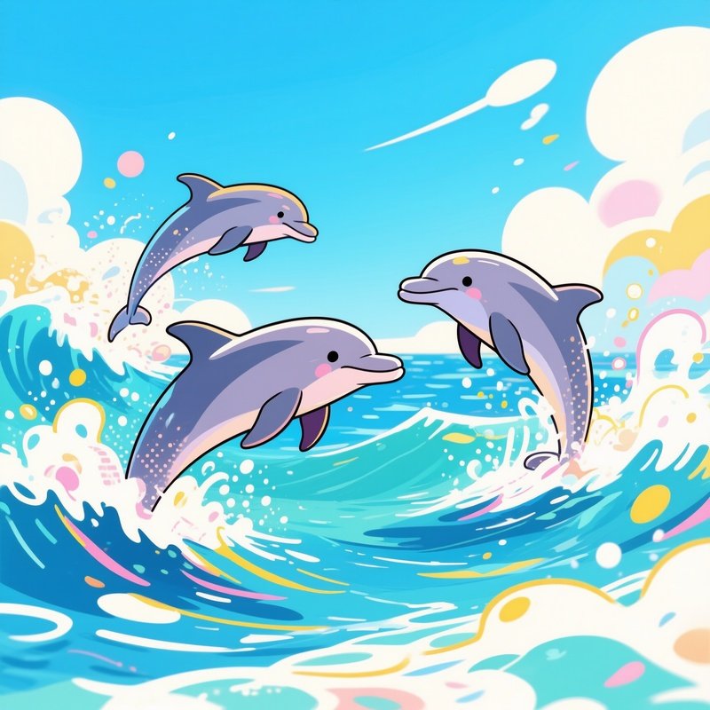 A Playful Scene At Midday Where Dolphins Chase Each Other Through The Waves, Their Energetic