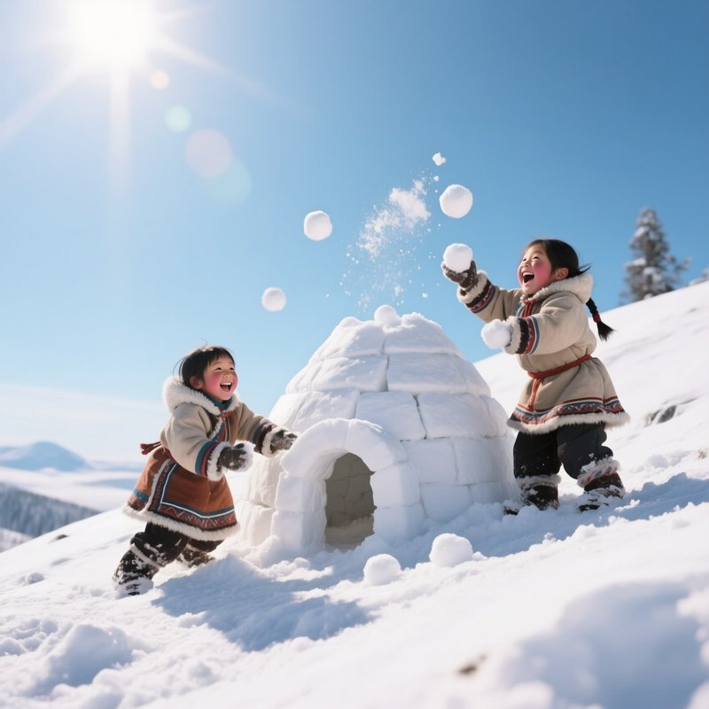 A Playful Scene Of Inuit Children Building A Miniature Igloo On A Snowy Hill, Their Laughter