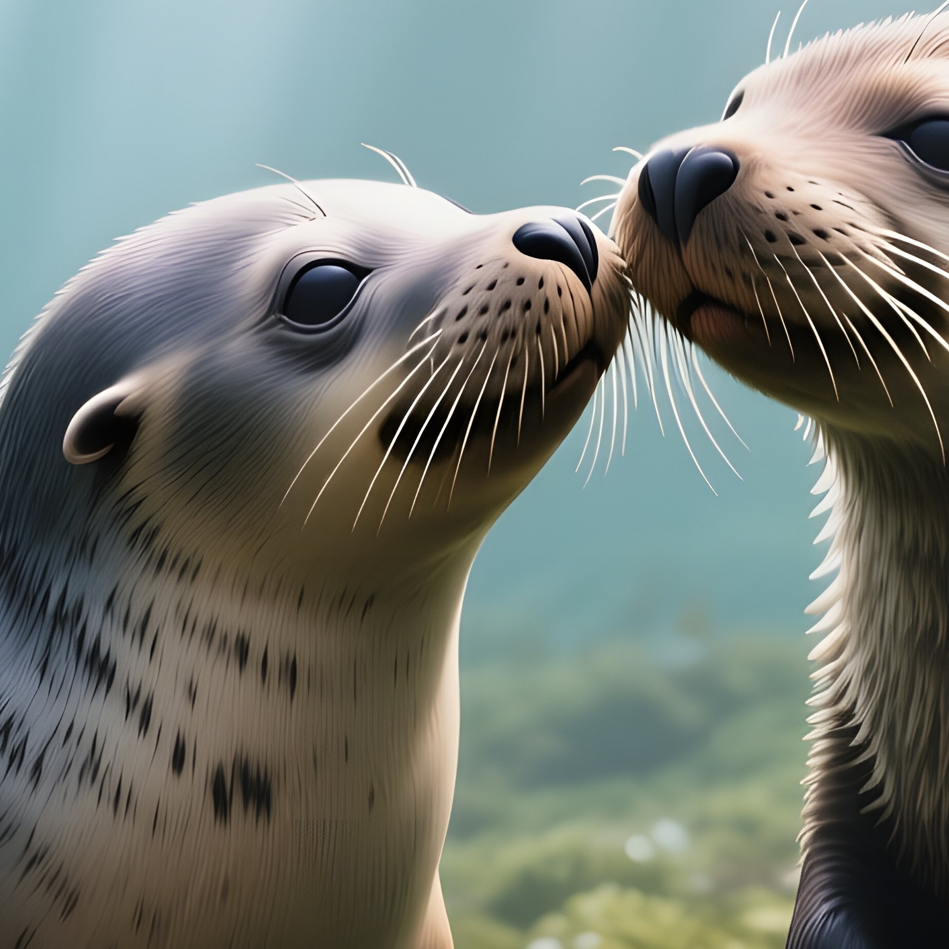 A Playful Seal Pup Kisses A Wandering Sea Otter On A Kelp Forest Floor, Shafts Of Sunlight Piercing - Full Resolution Quality Preview