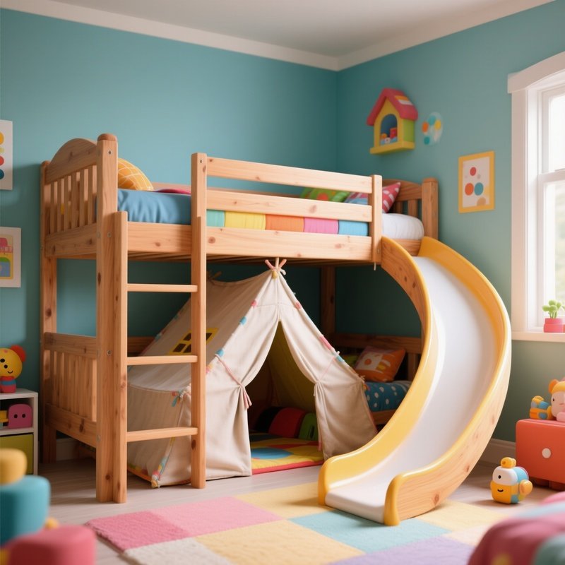A Playful, Sturdy Wooden Bunk Bed In A Colorful Children'S Room, Featuring A Built In Slide And A Fabric Fort Like Structure Underneath The Top Bunk.
