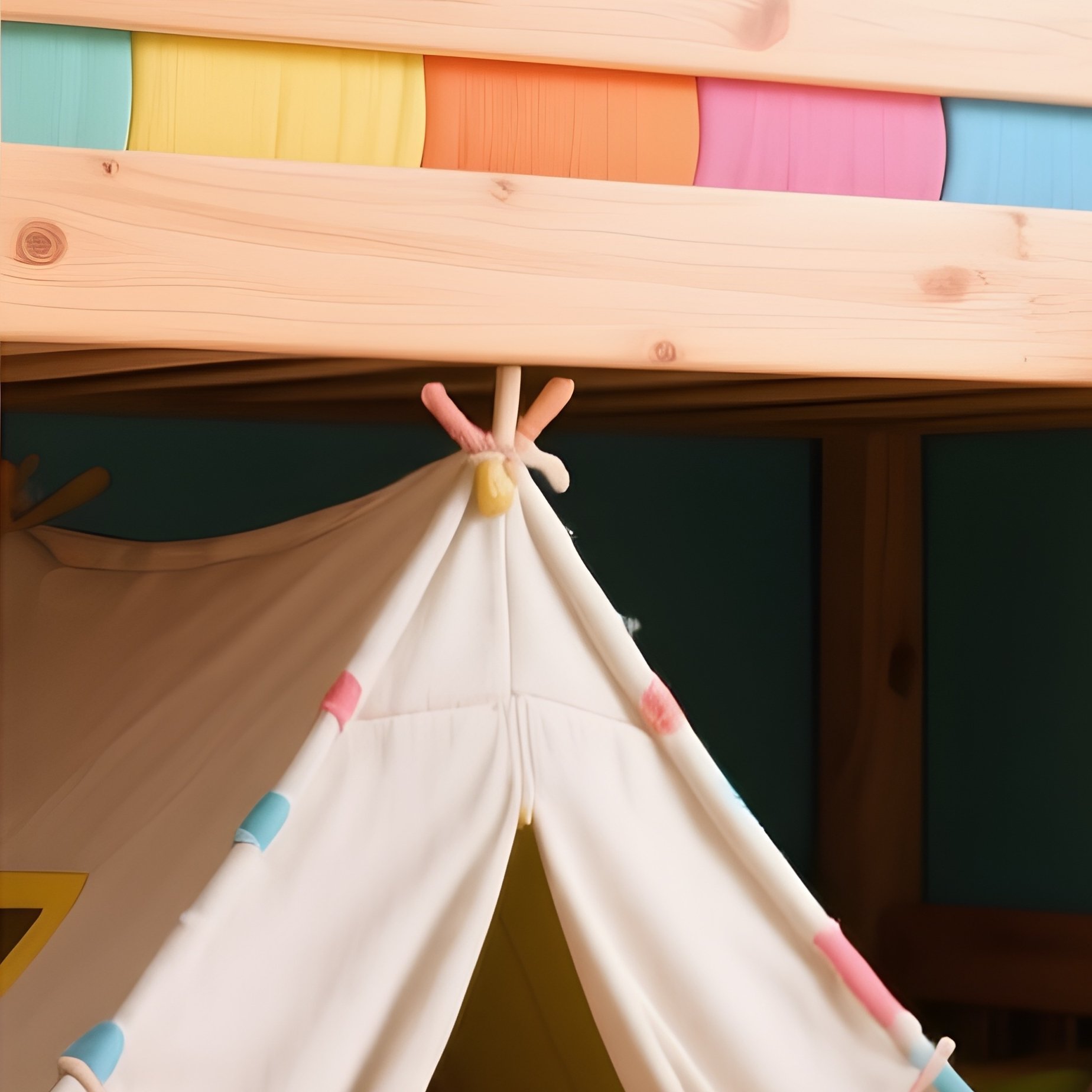 A Playful, Sturdy Wooden Bunk Bed In A Colorful Children'S Room, Featuring A Built In Slide And A Fabric Fort Like Structure Underneath The Top Bunk. - Full Resolution Quality Preview