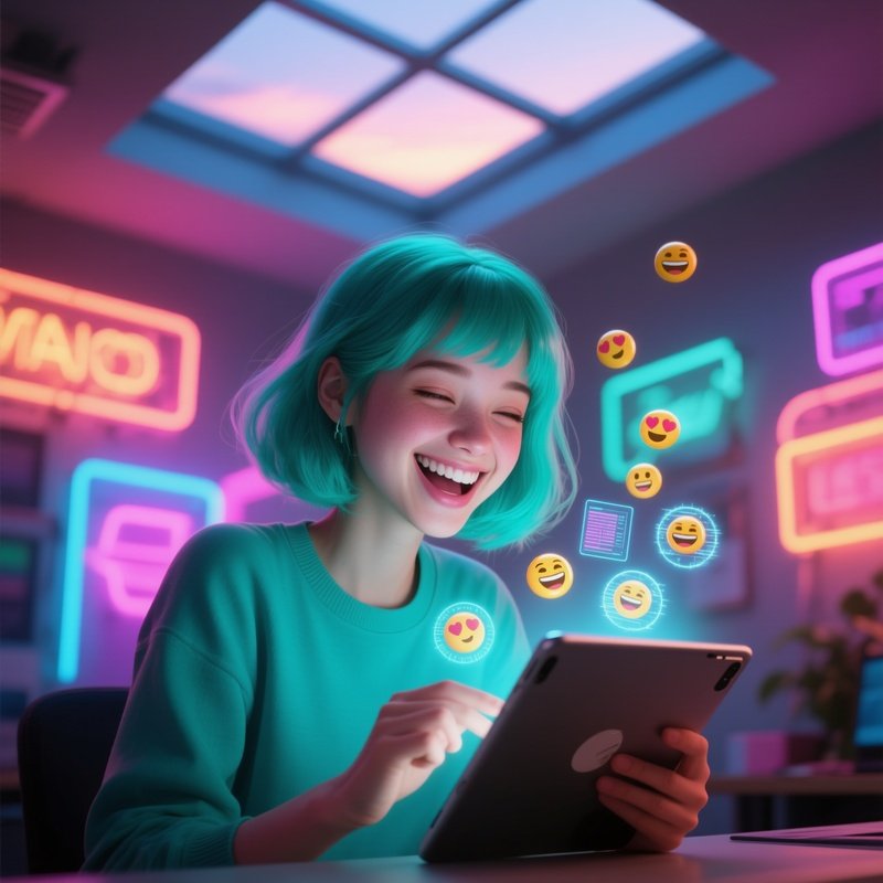 A Playful Tech Intern With Bright Teal Hair Giggles As Tiny Holographic Emojis Orbit Her Tablet,