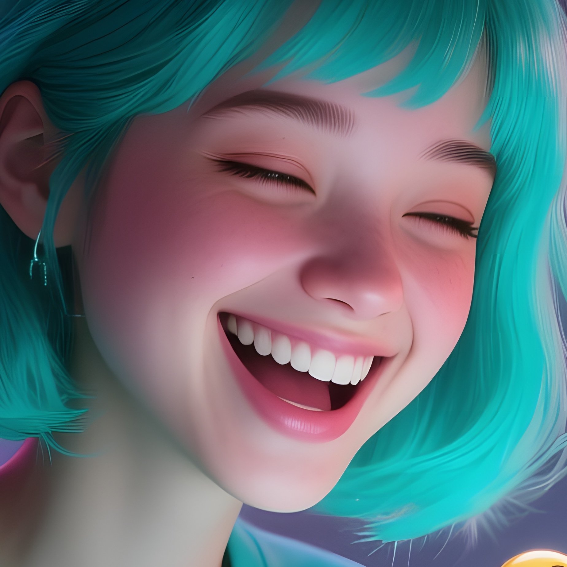 A Playful Tech Intern With Bright Teal Hair Giggles As Tiny Holographic Emojis Orbit Her Tablet, - Full Resolution Quality Preview