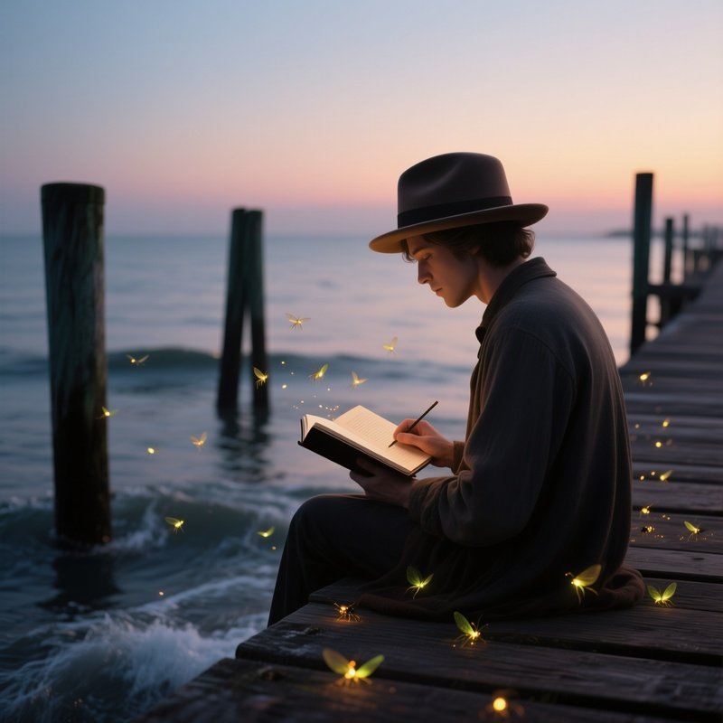 A Poet In A Floppy Felt Hat Sits On A Wooden Pier At Dusk, Notebook Open As Fireflies Swirl Around
