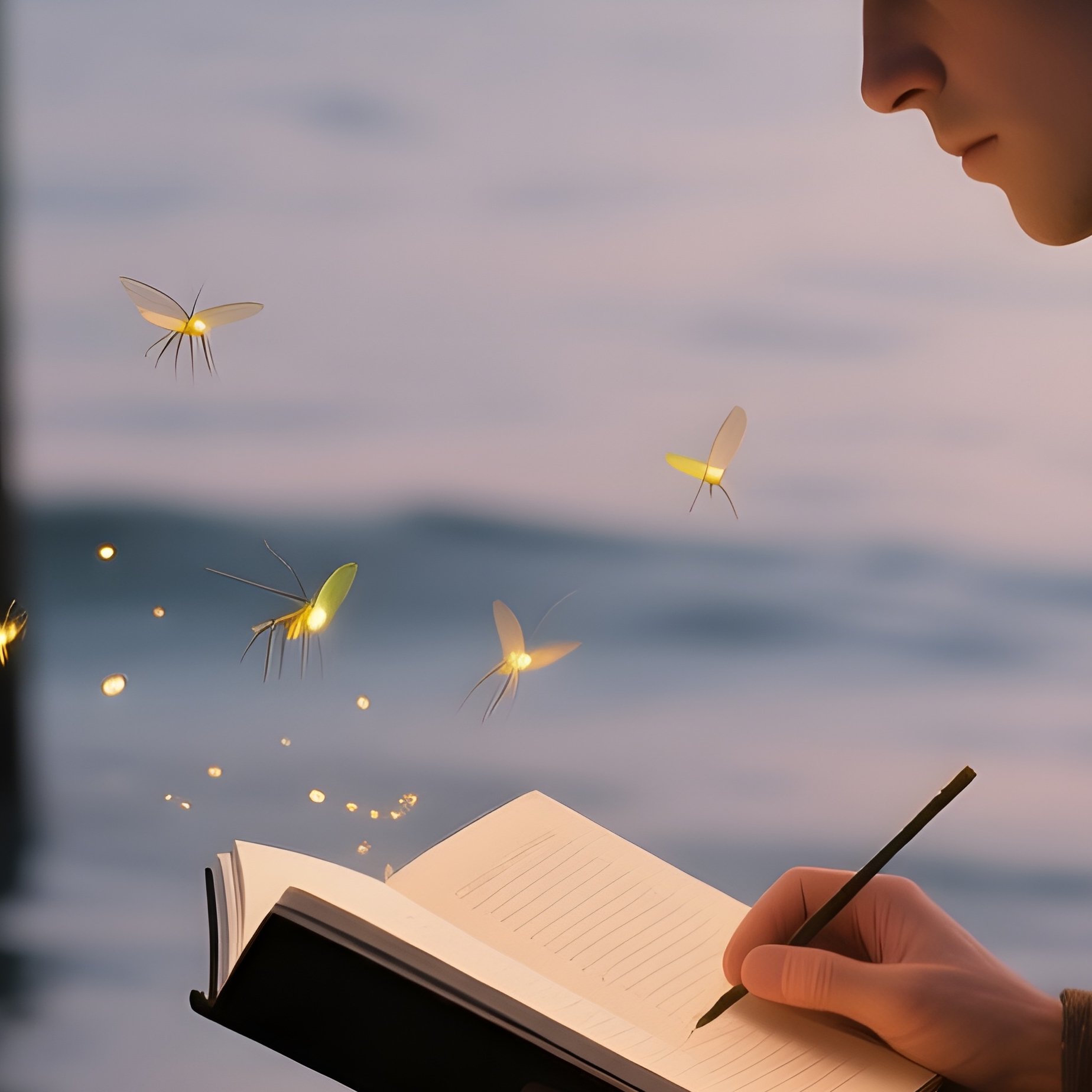 A Poet In A Floppy Felt Hat Sits On A Wooden Pier At Dusk, Notebook Open As Fireflies Swirl Around - Full Resolution Quality Preview