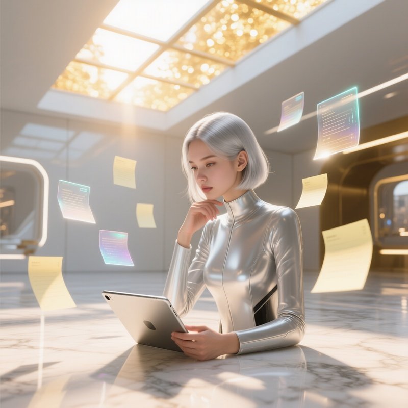 A Poised Pop Up Girl With Silver Hair Rests Her Chin On A Sleek Tablet Surrounded By Floating
