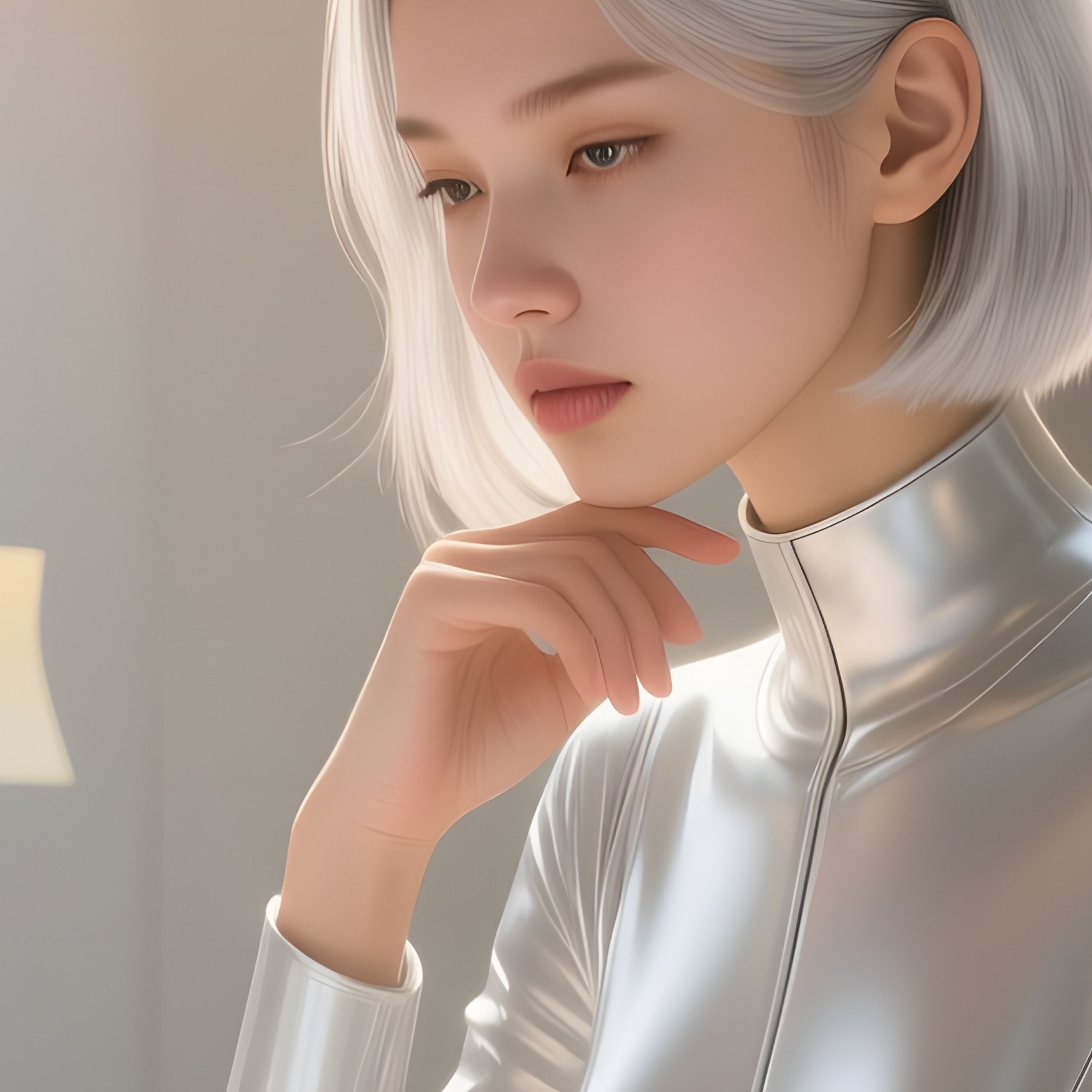 A Poised Pop Up Girl With Silver Hair Rests Her Chin On A Sleek Tablet Surrounded By Floating - Full Resolution Quality Preview