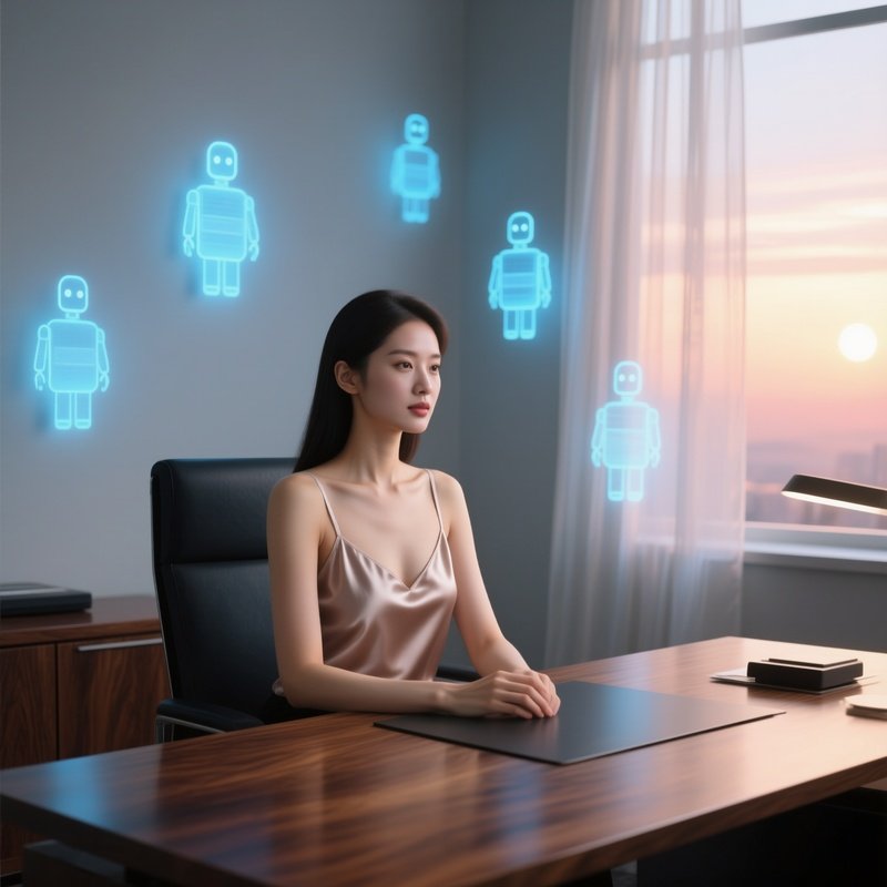 A Poised Professional In A Silk Camisole Sits At A Walnut Desk Surrounded By Floating Digital