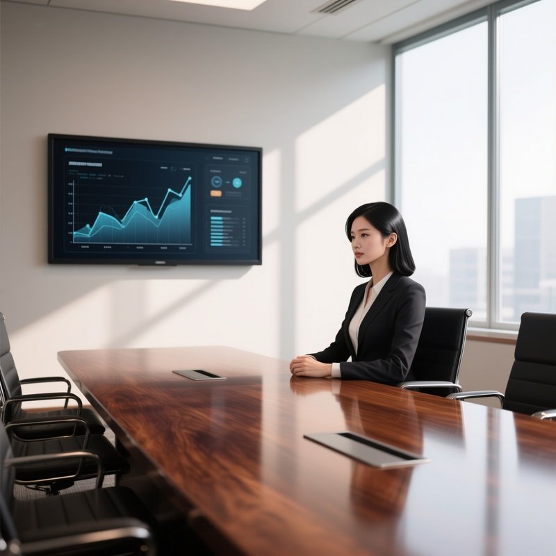 A Poised Professional With Glossy Black Hair Sits At A Mahogany Conference Table, A Large
