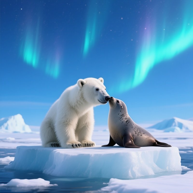 A Polar Bear Cub And A Seal Pup Share A Brief Kiss On An Iceberg Under A Clear Blue Arctic Sky,