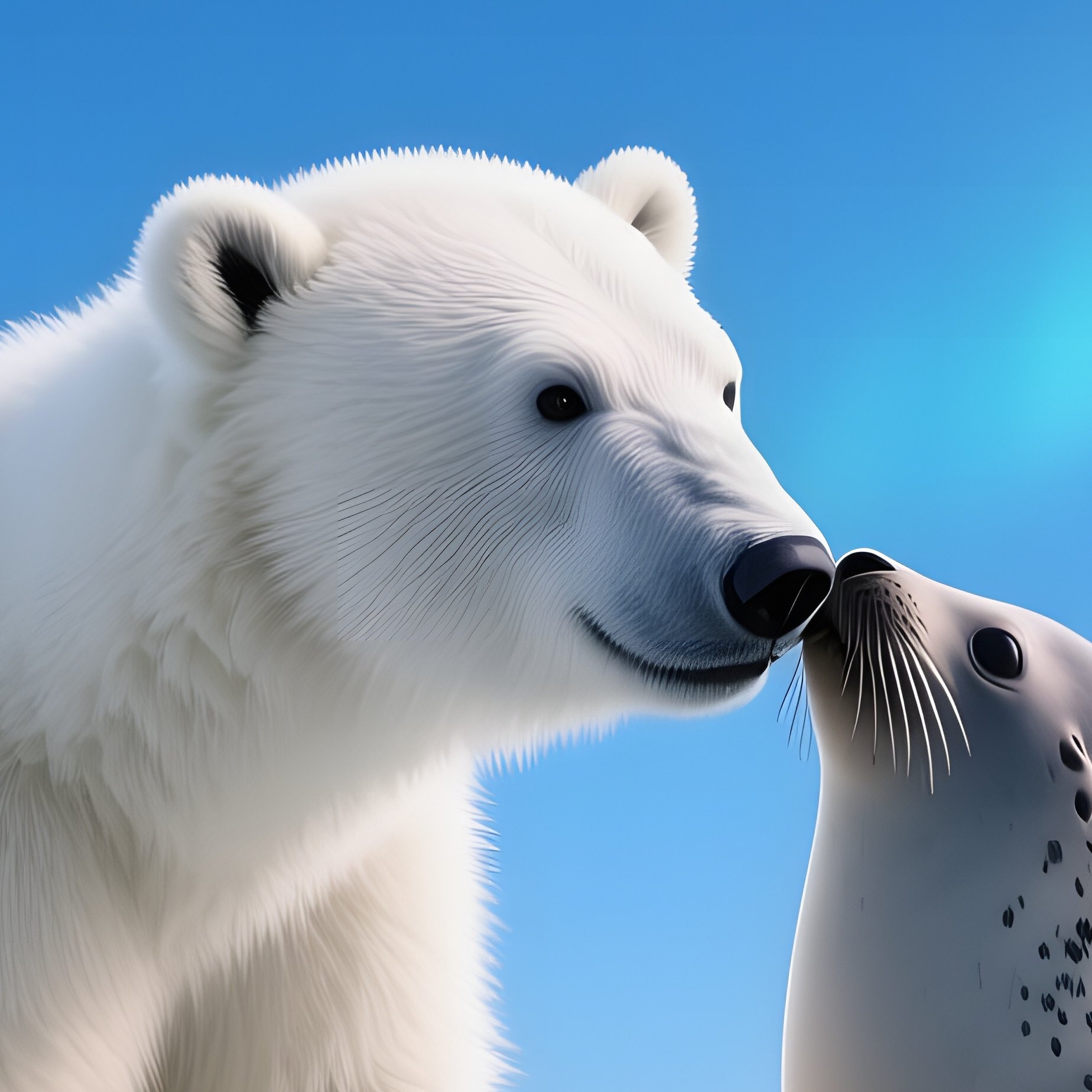 A Polar Bear Cub And A Seal Pup Share A Brief Kiss On An Iceberg Under A Clear Blue Arctic Sky, - Full Resolution Quality Preview