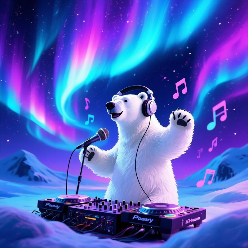 A Polar Bear Dj Under Northern Lights