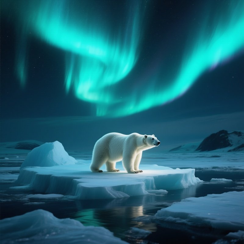 A Polar Bear Illuminated Only By Faint Northern Lights Over Drifting Ice.