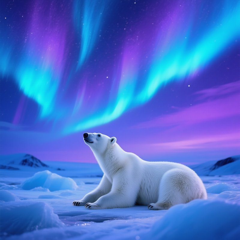 A Polar Bear Under Northern Lights