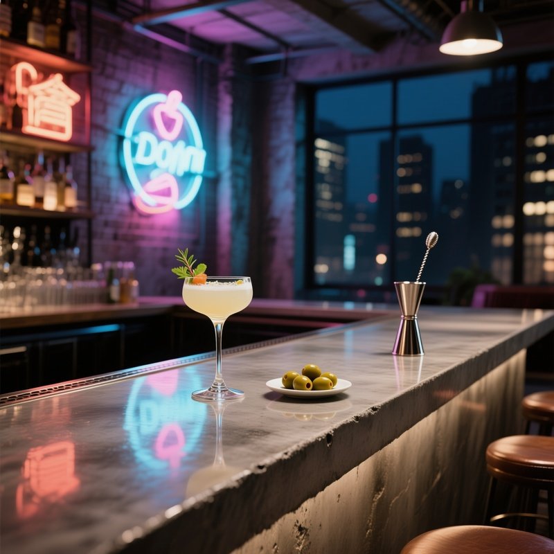 A Polished Concrete Bar In An Urban Loft At Night, Illuminated By Neon Signs Reflected On The