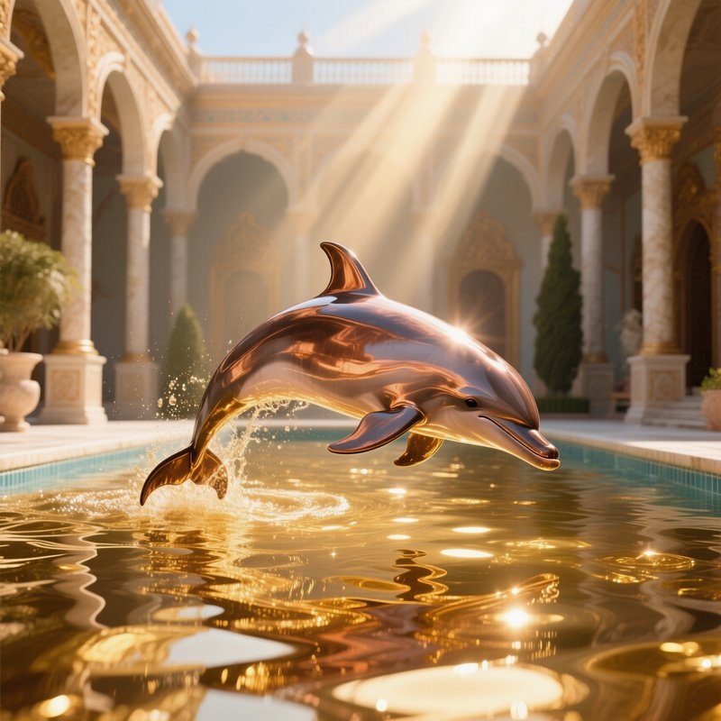 A Polished Copper Dolphin Diving Into A Pool Of Liquid Gold In An Opulent Palace Courtyard, Sun