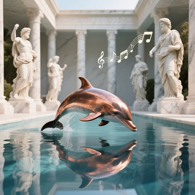 A Polished Copper Dolphin Diving Into A Reflective Pool Surrounded By Marble Statues Of Greek Gods,