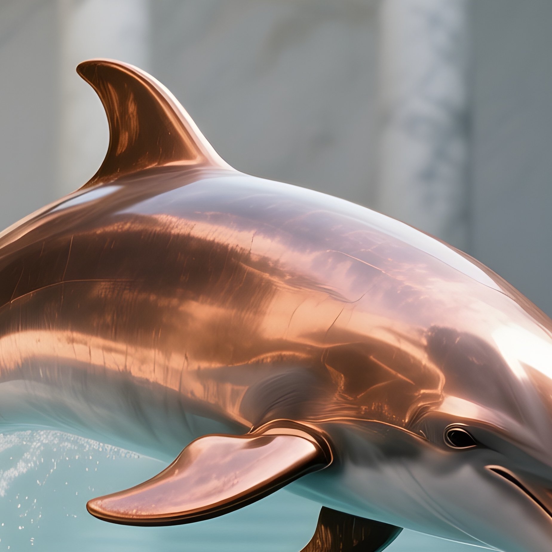 A Polished Copper Dolphin Diving Into A Reflective Pool Surrounded By Marble Statues Of Greek Gods, - Full Resolution Quality Preview